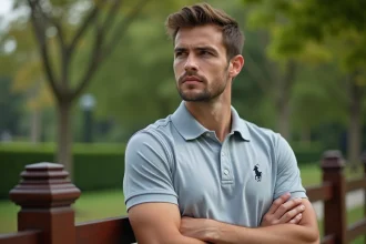 Homme confiant en polo dans un parc urbain