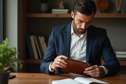 Homme en blazer examine une pochette en cuir dans un bureau cosy