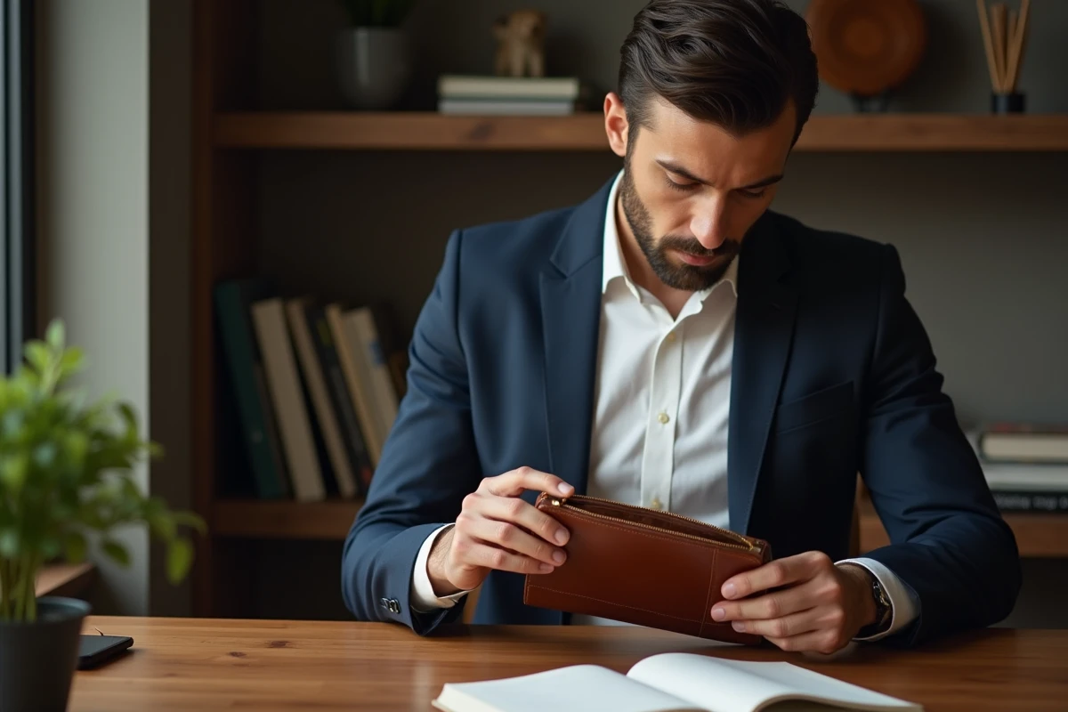 Homme en blazer examine une pochette en cuir dans un bureau cosy