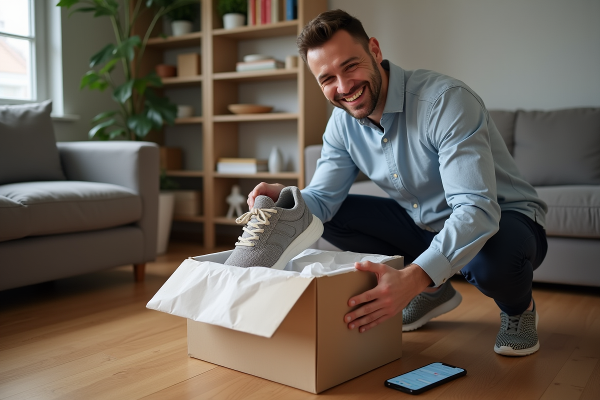Homme déballant des chaussures neuves dans un salon moderne