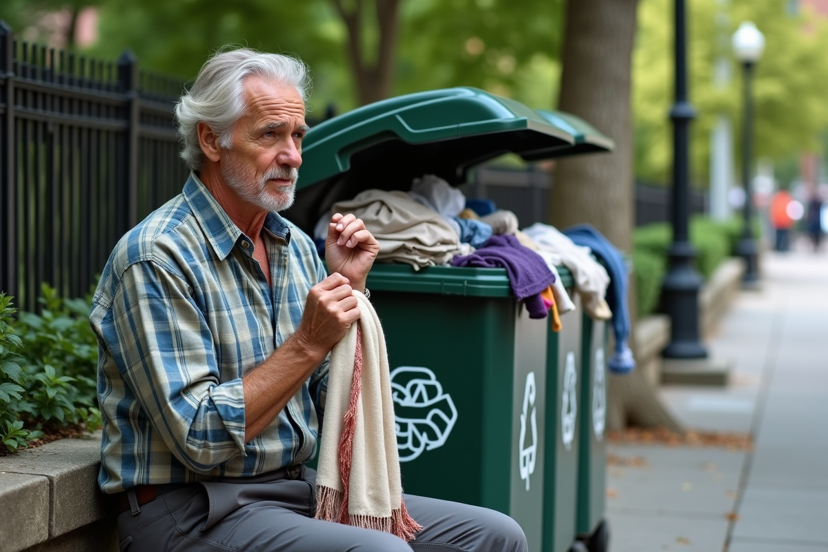 Homme âgé examine un foulard en polyester près d