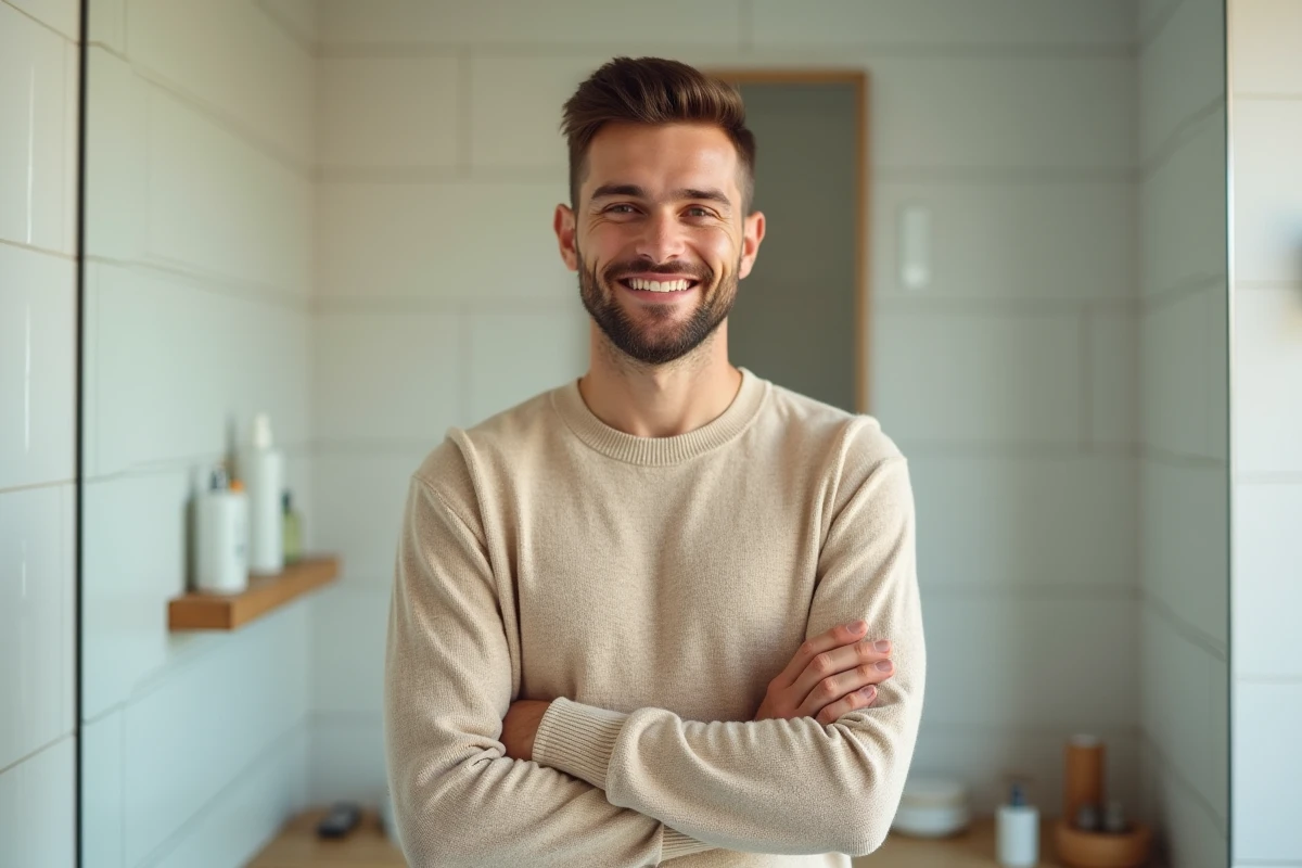 Homme rasé en sweat dans une salle de bain moderne