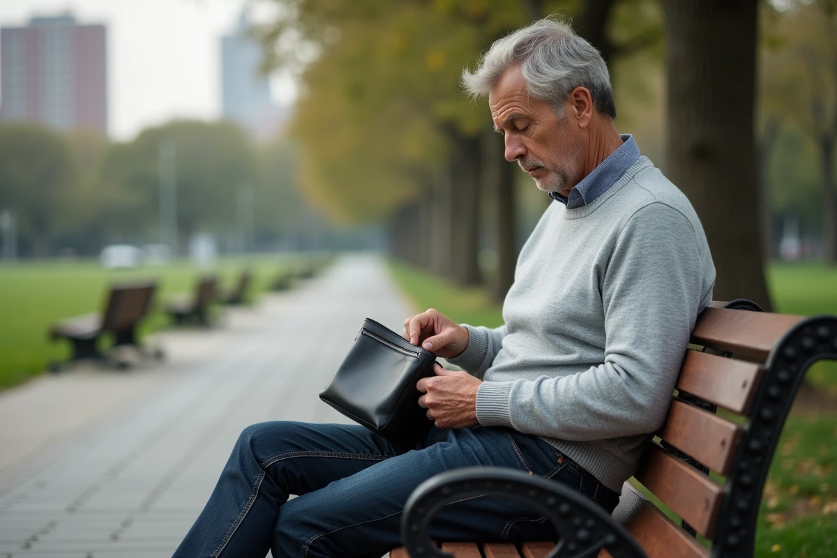 Homme décontracté ouvre une pochette en cuir dans un parc urbain