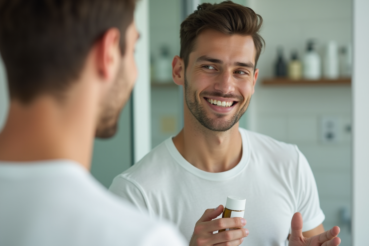 Jeune homme examinant son serum dans une salle de bain moderne