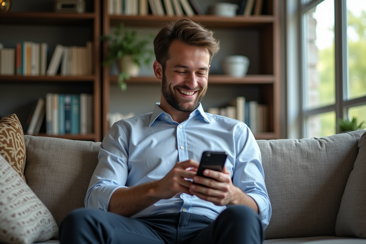 Homme souriant consulte des offres sur son smartphone