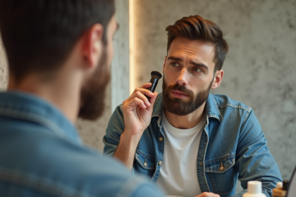 Homme en salle de bain examine sa barbe avec kit de grooming