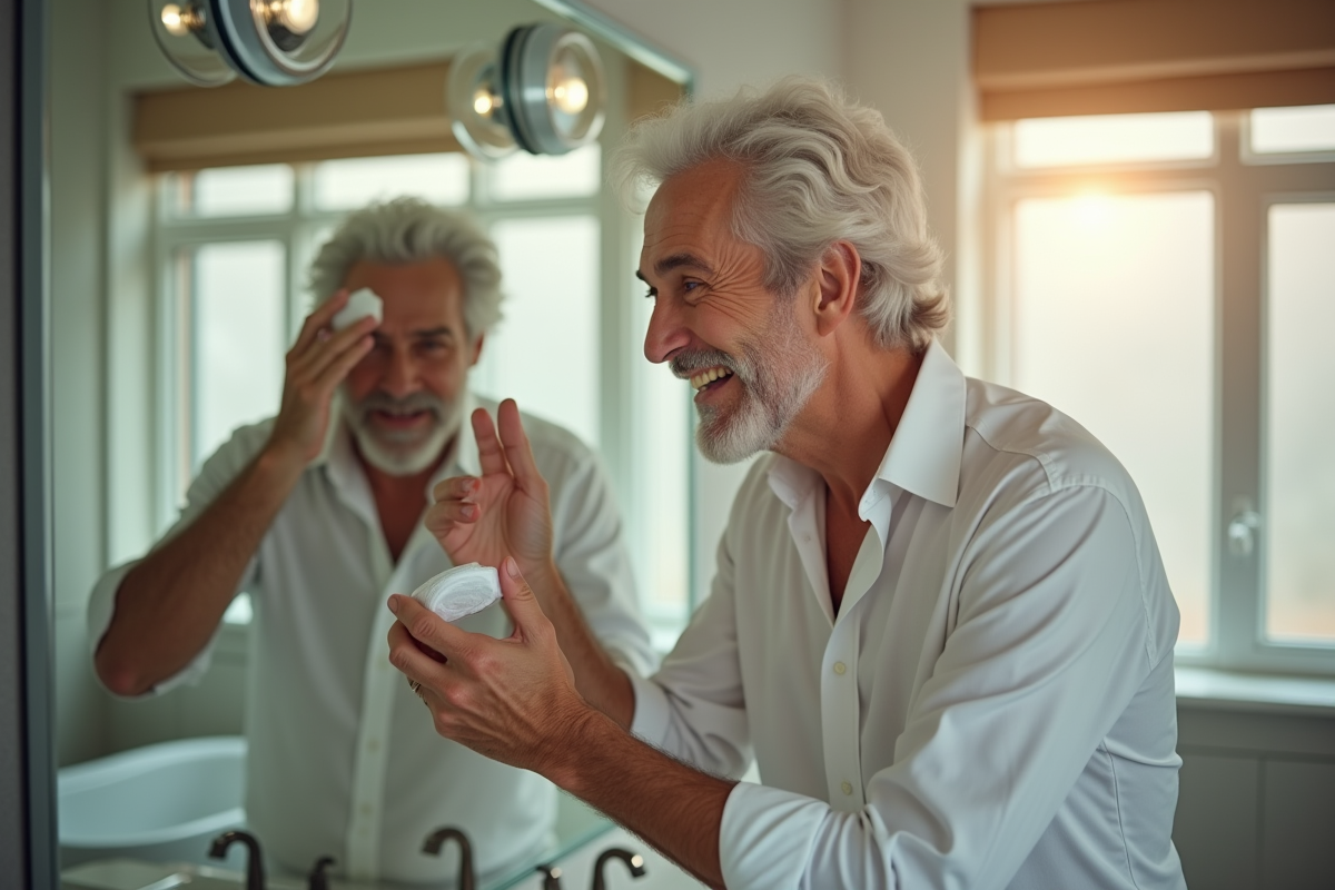Homme de 60 ans appliquant une creme visage dans une salle de bain lumineuse