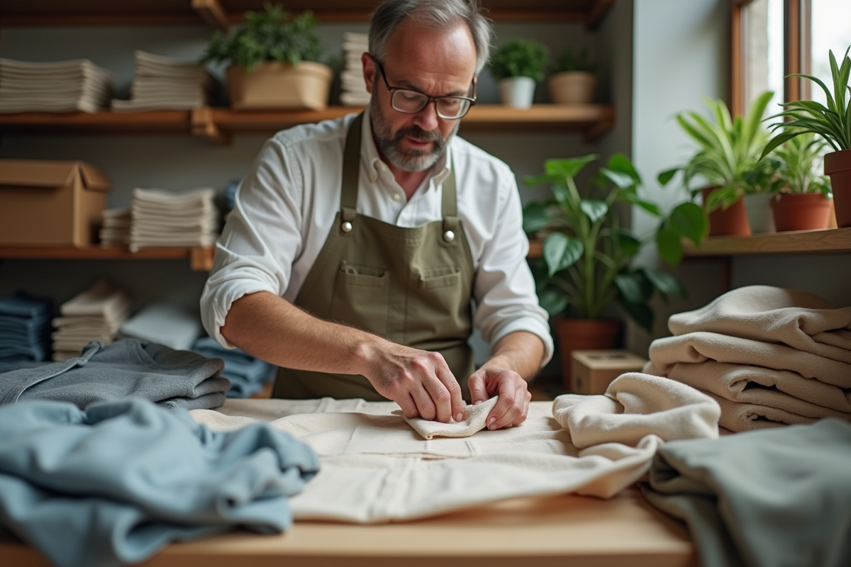 Homme triant des vêtements dans un atelier de mode durable