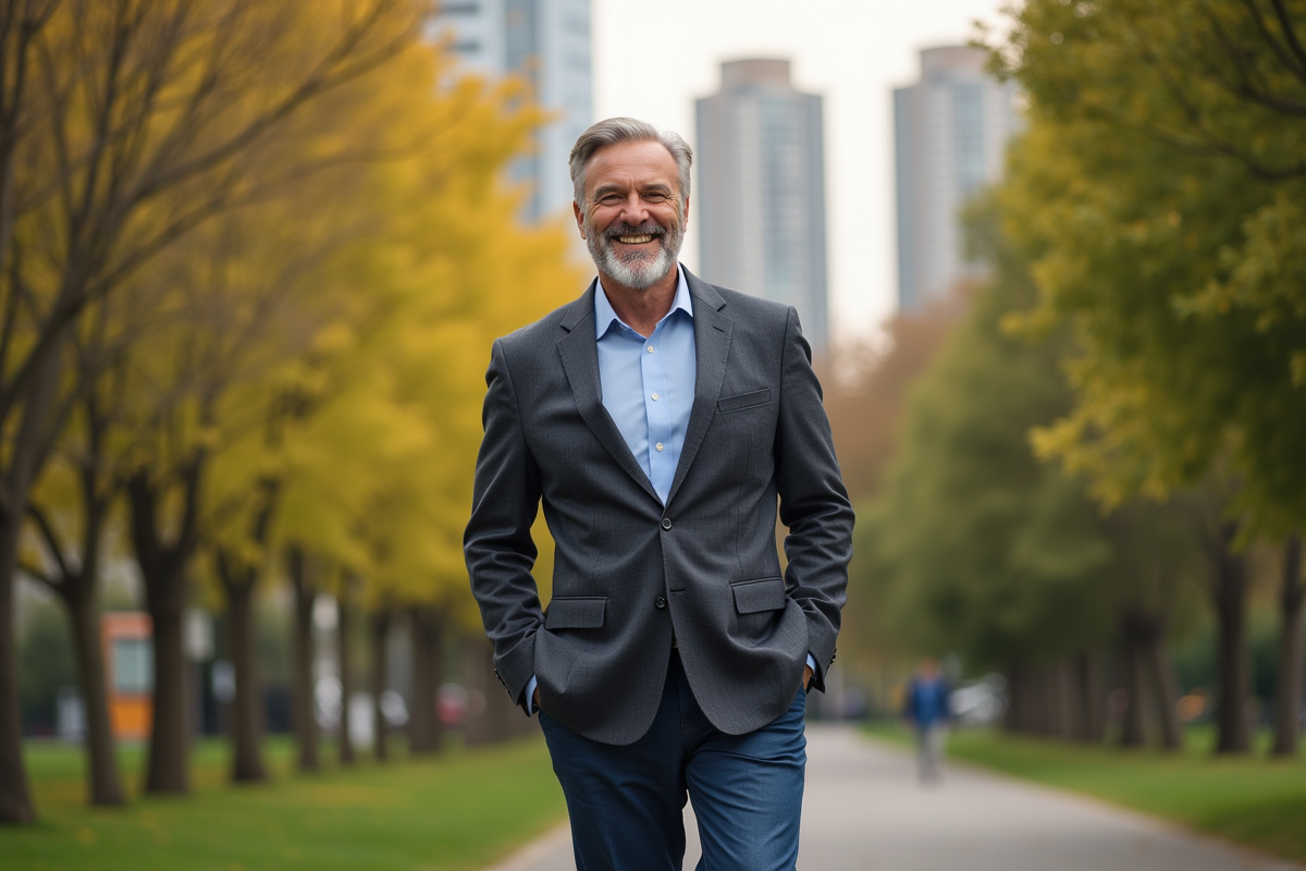 Homme de 60 ans en blazer dans un parc urbain ensoleille