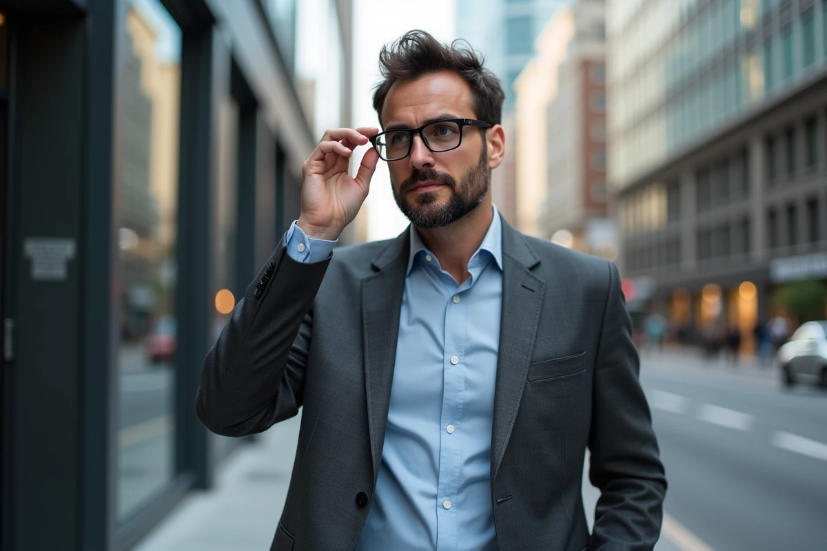 Homme élégant ajustant ses lunettes en ville
