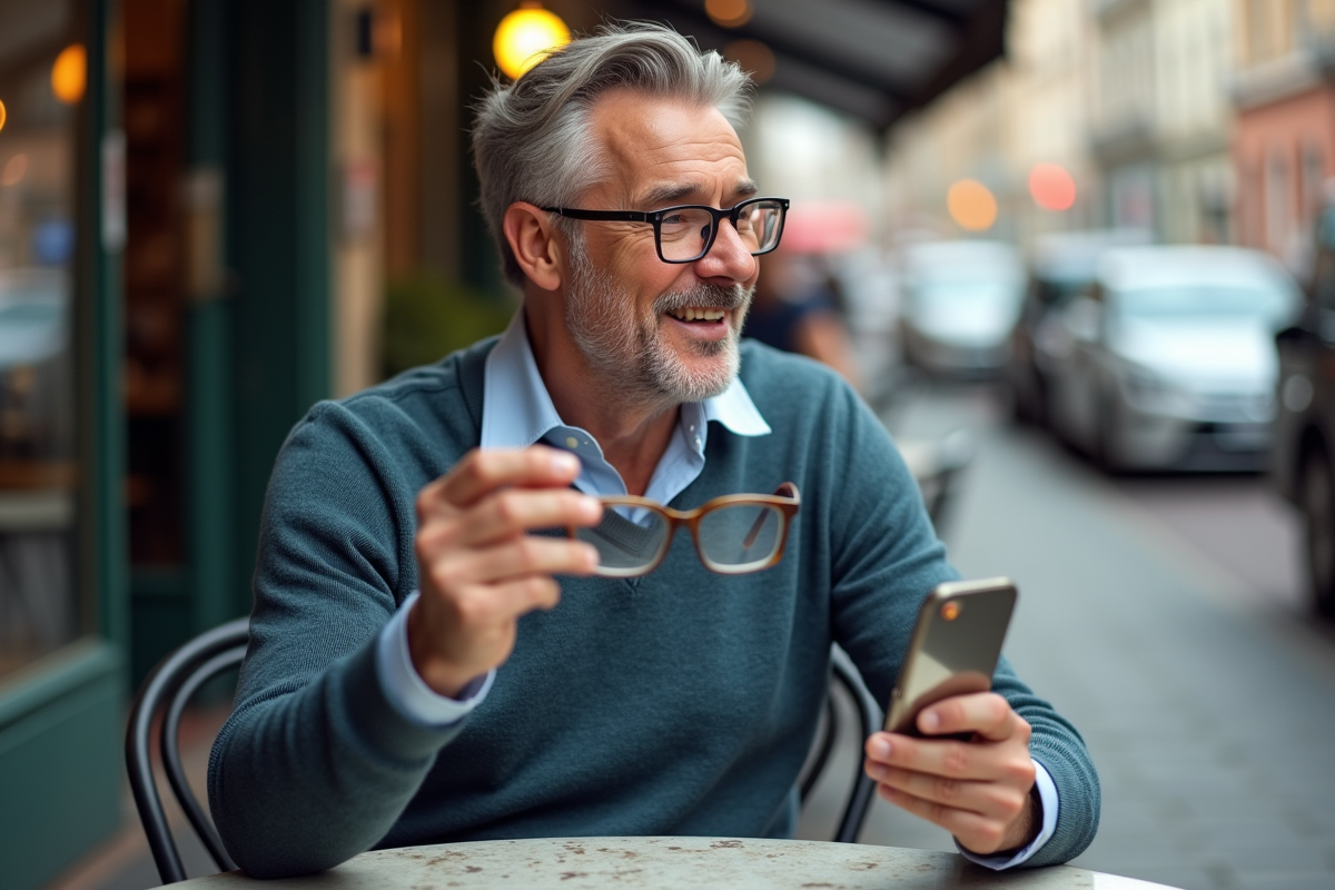 Homme vérifiant ses lunettes dans un café en ville