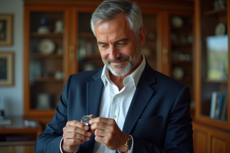 Homme en blazer examine une montre vintage dans un bureau