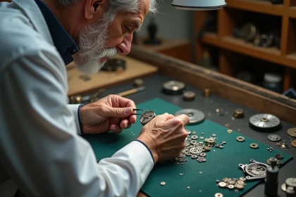 Horloger suisse assemblant un tourbillon de montre de luxe dans un atelier traditionnel