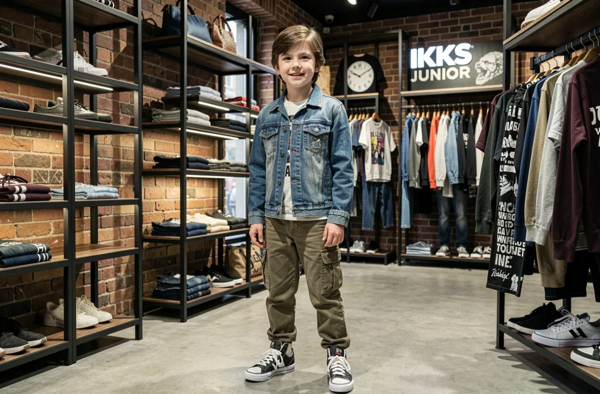 Un garçon en tenue streetwear tendance dans la boutique IKKS Junior à Lyon