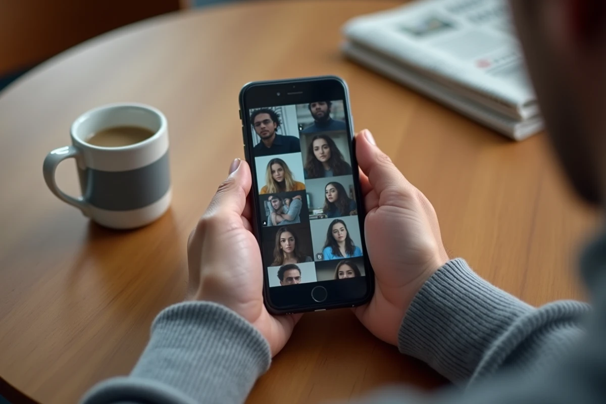 Mains tenant un smartphone affichant une mosaïque de portraits flous et pixelisés circulant en ligne, posé sur une table de café en bois