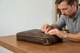 Homme inspectant les finitions coutures d'une sacoche cuir pour ordinateur sur un bureau en chêne