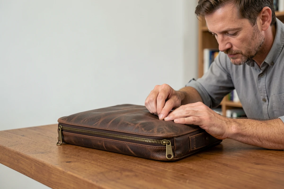 Homme inspectant les finitions coutures d'une sacoche cuir pour ordinateur sur un bureau en chêne