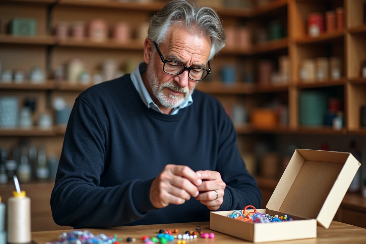 Homme inspectant attentivement le contenu d'un kit de bracelet en magasin pour évaluer la qualité des matériaux