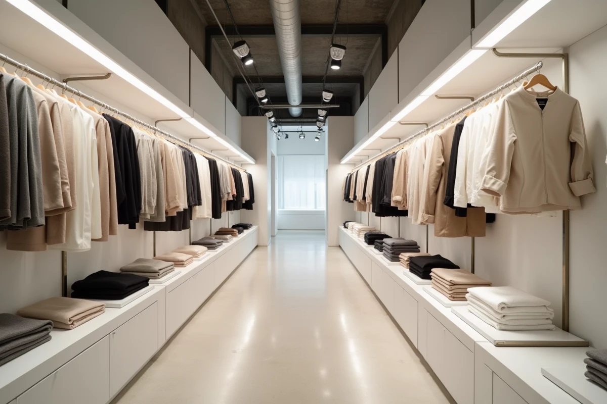 Intérieur d'un magasin Zara moderne avec des étagères minimalistes et des vêtements soigneusement pliés en tons neutres