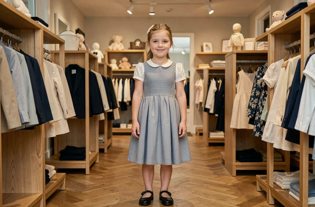 Une fillette en tenue chic dans la boutique Jacadi du 4e arrondissement de Lyon à la Croix Rousse