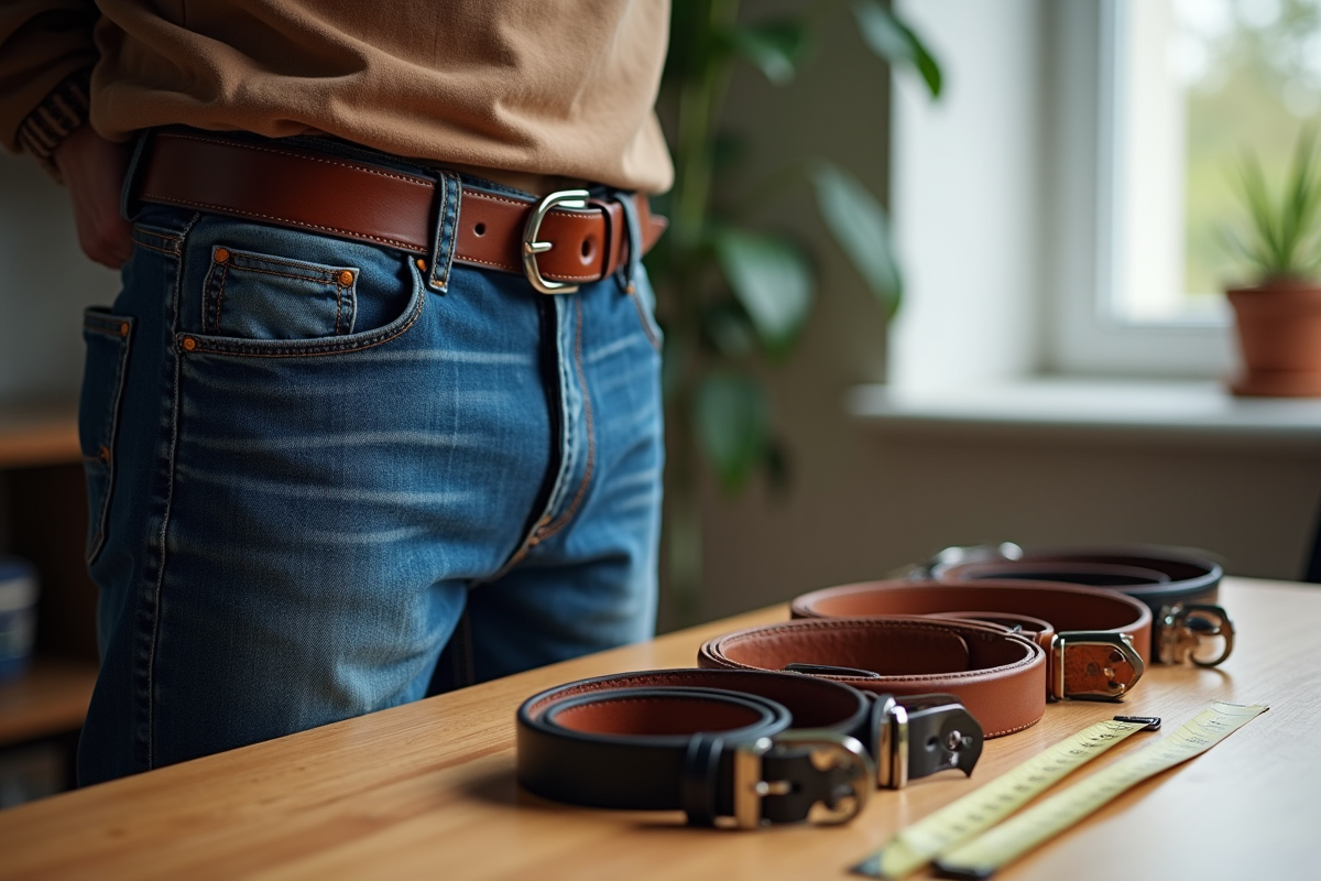 Personne en jeans taille 32 avec ceintures en cuir sur une table