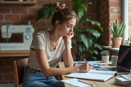 Jeune femme cr&eacute;ative dans son atelier couture &agrave; la maison