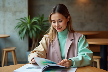 Jeune femme en café contemplant des échantillons de couleurs
