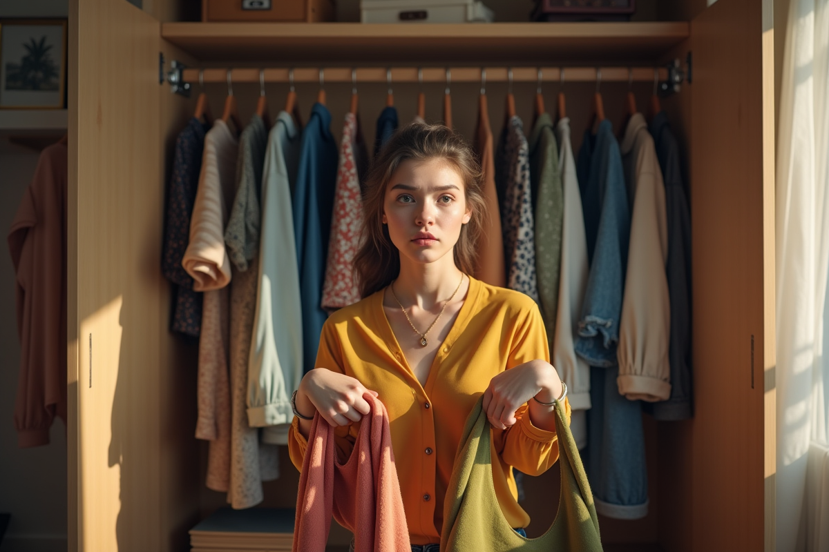 Jeune femme devant un vestiaire avec deux tenues contrastées