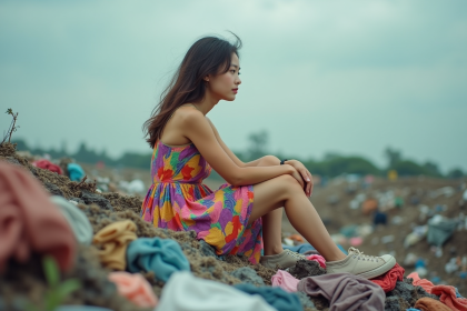 Jeune femme dans une d&eacute;charge de v&ecirc;tements usag&eacute;s