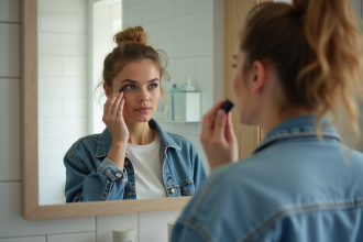 Jeune femme appliquant du fond de teint dans la salle de bain
