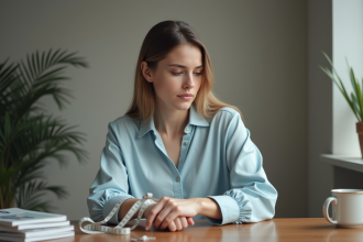 Jeune femme en blouse bleue mesurant son poignet avec un ruban