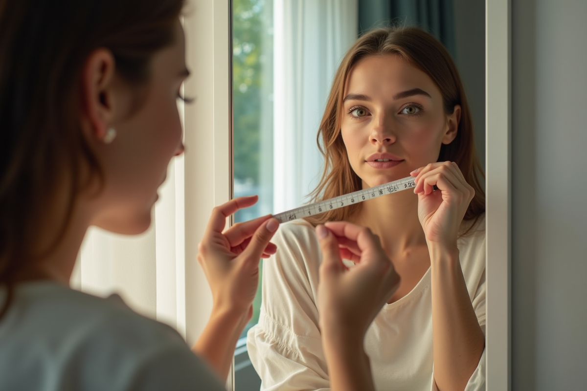 Jeune femme à la maison mesure son visage avec un ruban