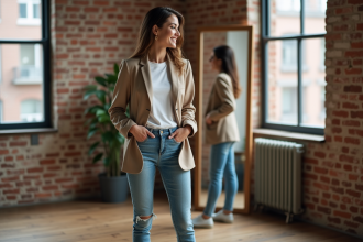 Jeune femme souriante dans un loft moderne en tenue casual