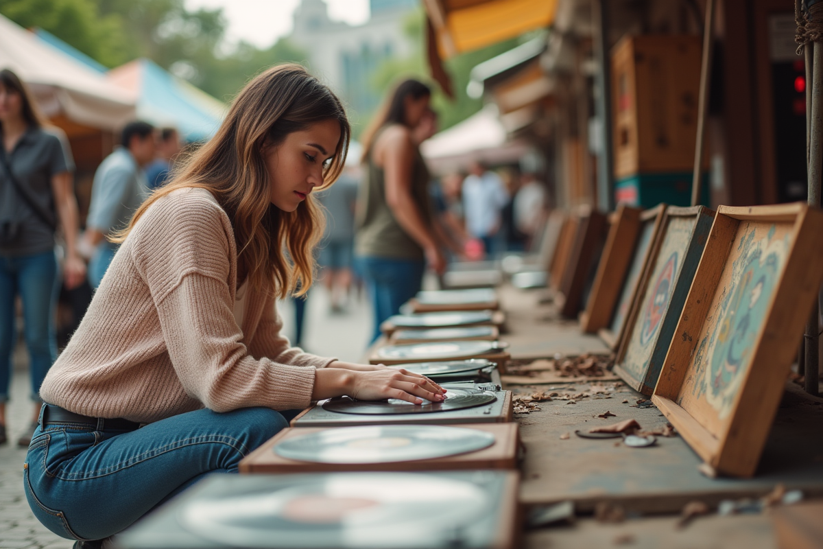 Jeune femme inspecte un vinyle au marché en plein air