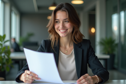 Jeune femme professionnelle en bureau moderne avec CV