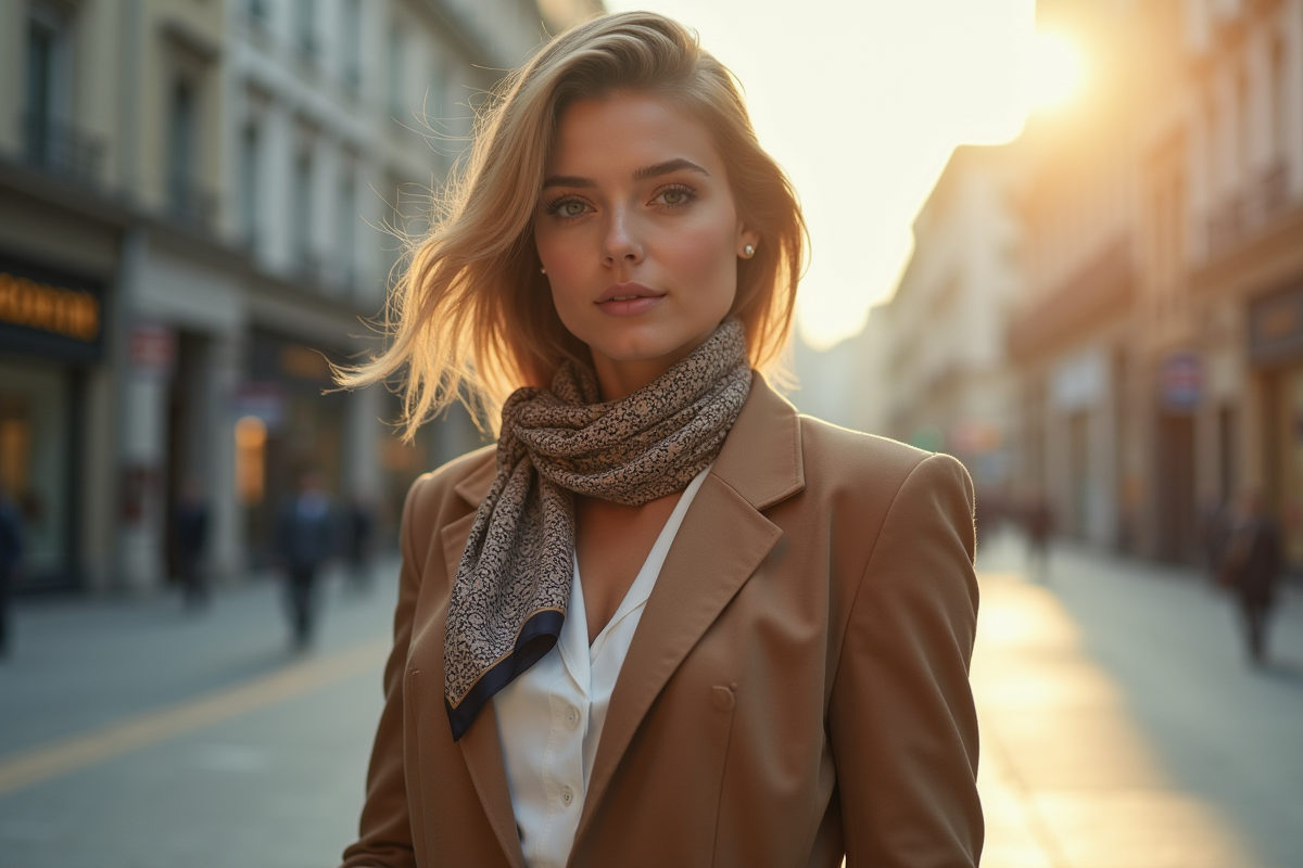 Jeune femme élégante portant un foulard en soie dans la ville