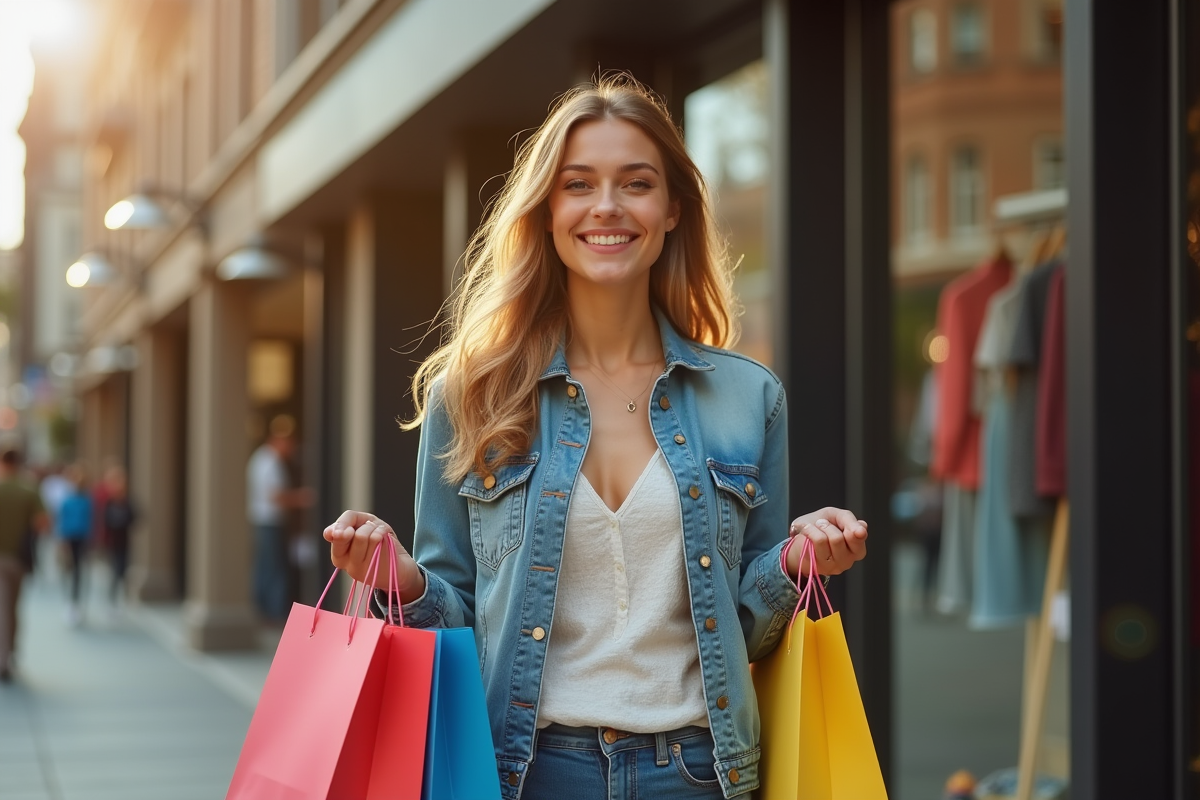 Jeune femme souriante avec sacs de shopping colorés devant boutique