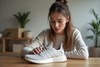 Jeune femme examine des sneakers de marque dans un intérieur moderne