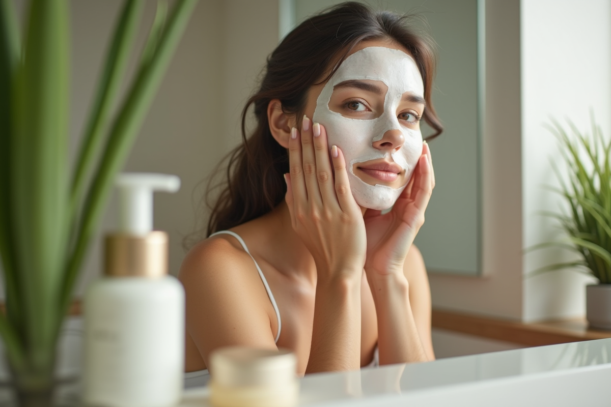 Jeune femme appliquant un masque visage dans une salle lumineuse