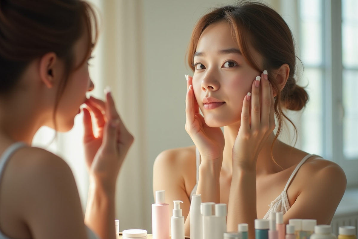 Jeune femme appliquant une creme visage devant un miroir