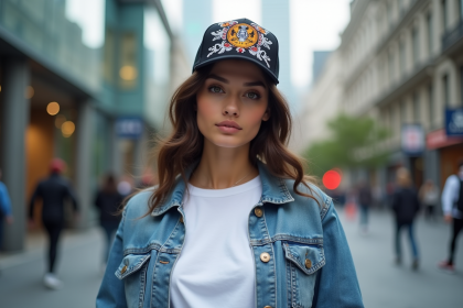 Jeune femme urbaine en t-shirt blanc et casquette graphique