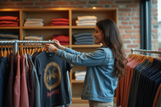 Jeune femme curieuse portant un t-shirt graphique dans une boutique moderne