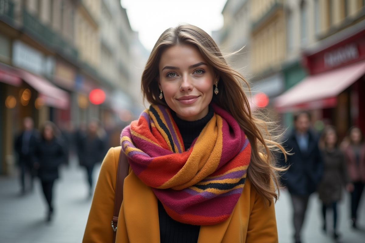 Jeune femme en ville portant un foulard infini coloré