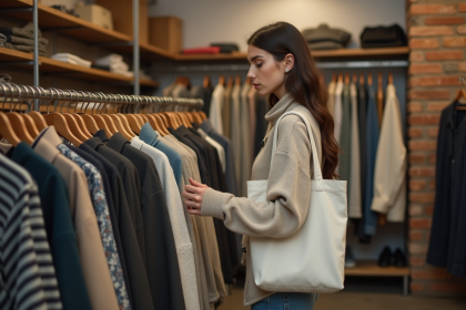 Jeune femme contemplant des vêtements vintage dans une boutique