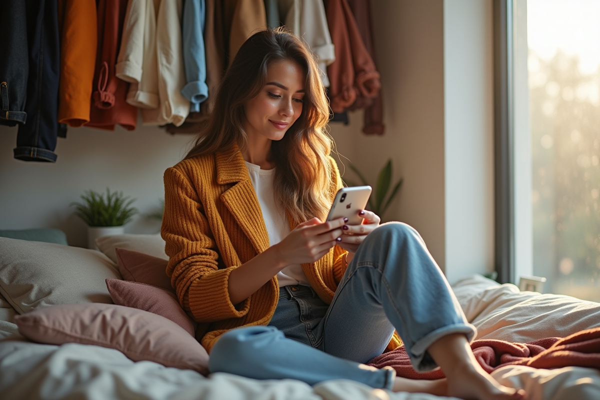 Jeune femme stylée utilisant Vinted dans sa chambre