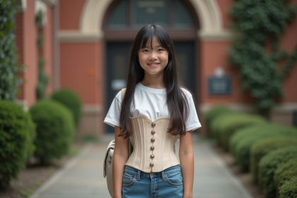 Jeune fille de 13 ans avec corset pale devant une école