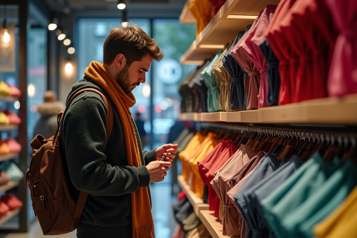 Jeune homme choisissant un parapluie en magasin