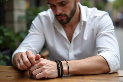 Jeune homme en chemise blanche ajustant ses bracelets en ext&eacute;rieur