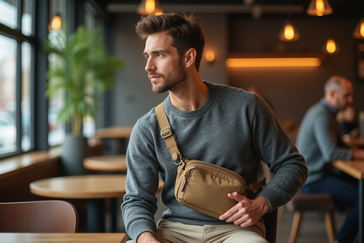 Jeune homme avec sacoche dans un café moderne