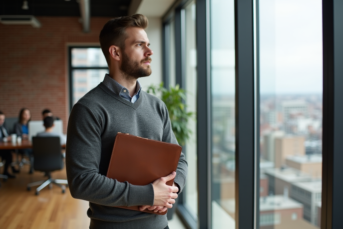 Jeune homme dans espace de coworking avec portfolio